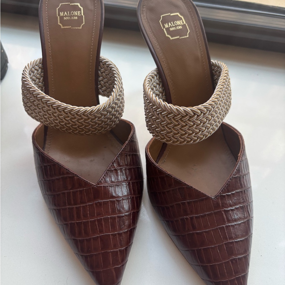 Malone Souliers Brown Croc Pointed Mules with Braided Beige Strap
